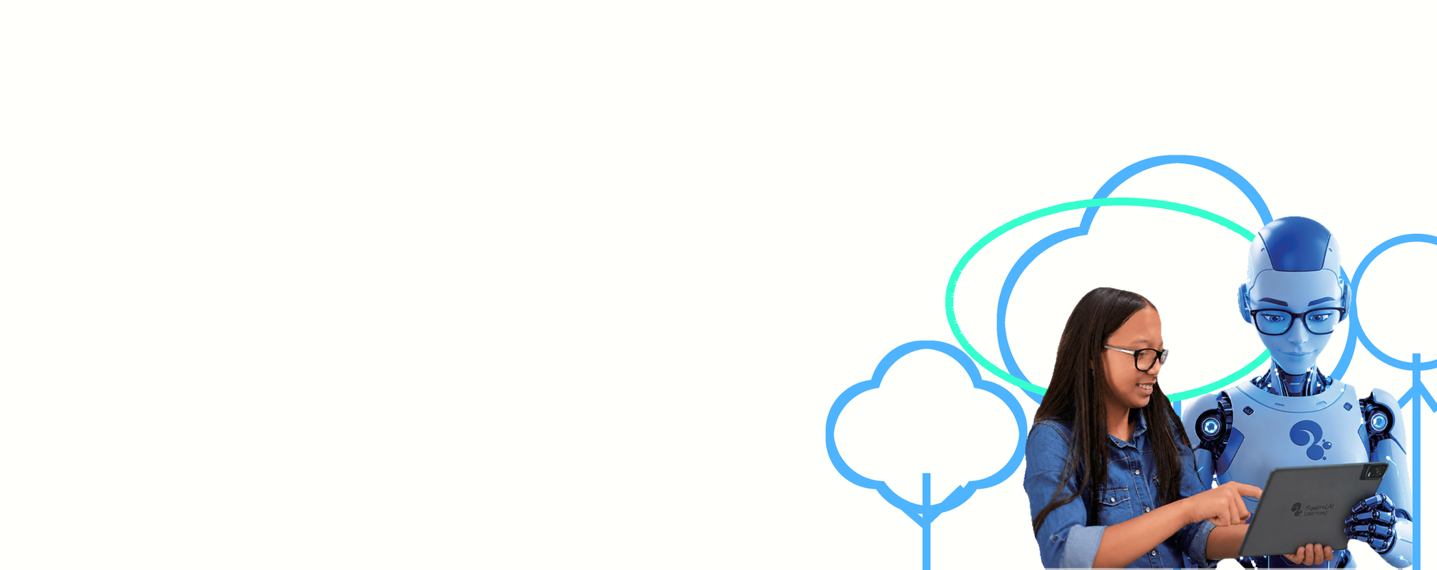A student explores a Squirrel Ai learning tablet together with the Squirrel Ai robot, framed by line-art trees.