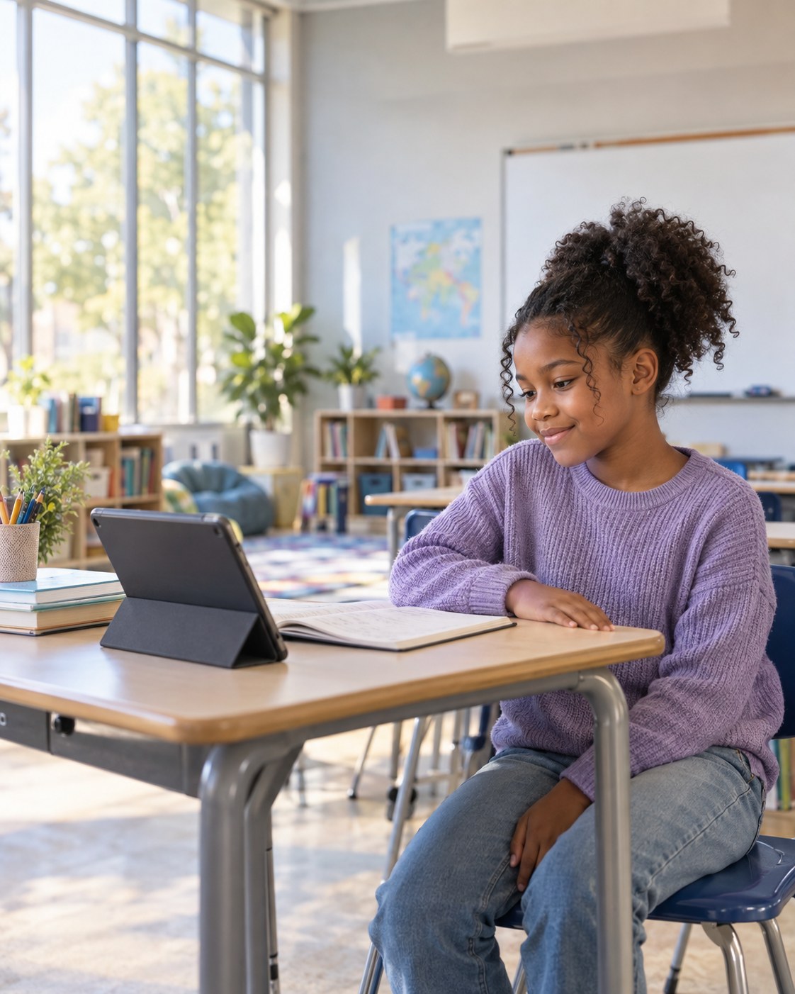 Mayeli works through a math lesson on a tablet in a bright classroom.