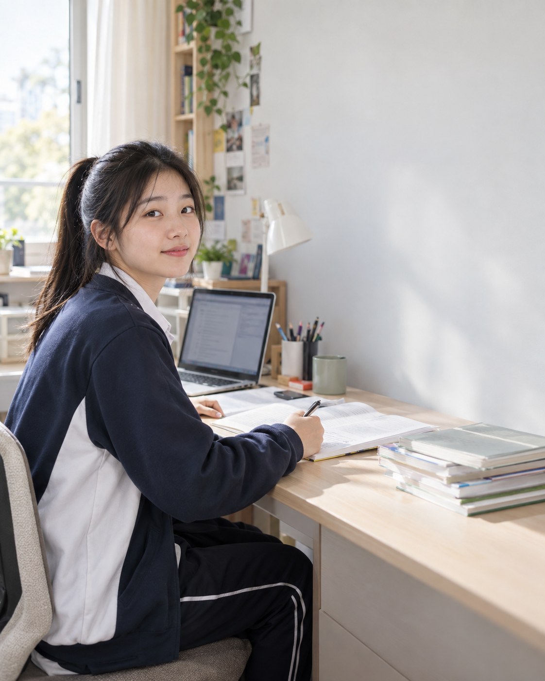 Qing studies at her desk at home with a laptop and textbooks.