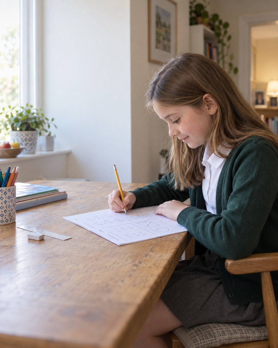 Valeria writes in her workbook while studying at home.
