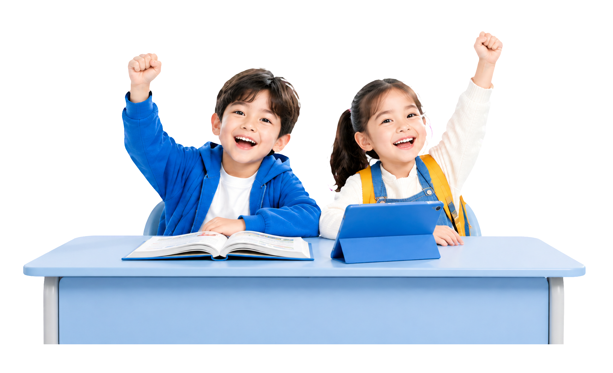 Two students celebrate while learning together with a tablet, open book, and classroom desk.