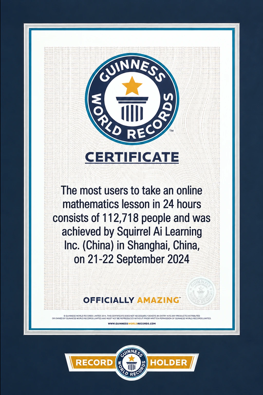 Guinness World Records certificate: Most users to take an online mathematics lesson in 24 hours, 2024