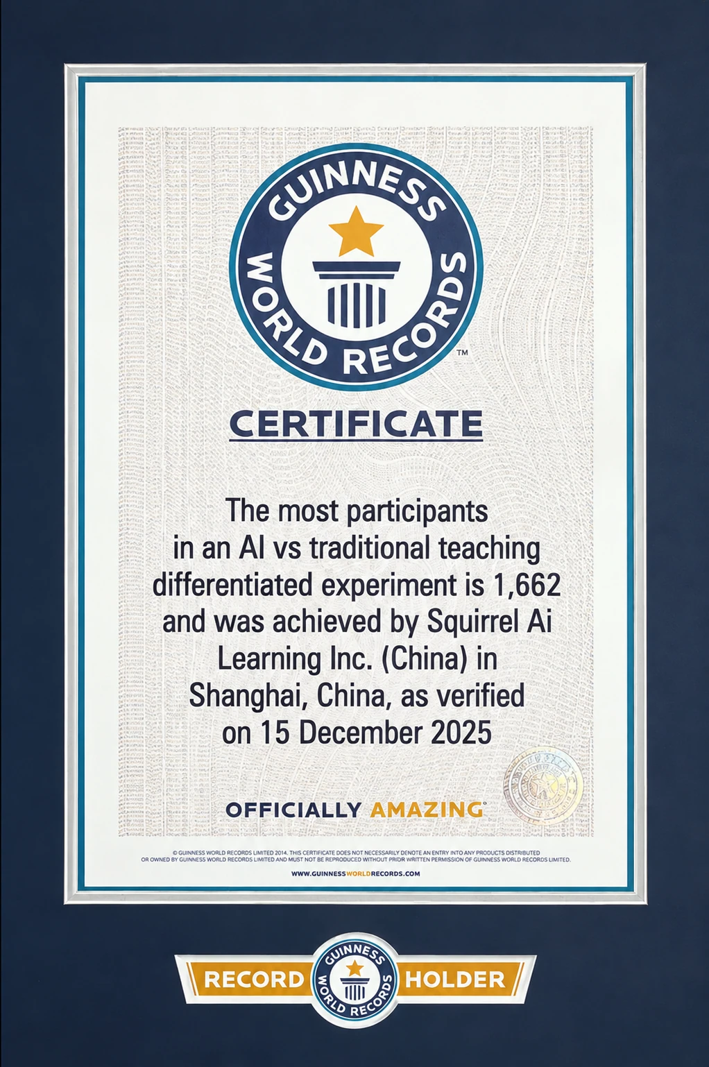 Guinness World Records certificate: Most participants in an AI vs traditional teaching differentiated experiment, 2025